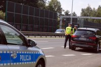 Na fotografii widać policjantów KPP Mikołów - Wydział Ruchu Drogowego podczas działań ogólnokrajowych NURD w dniu 08.08.2019 r.
