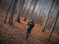 na zdjęciu widać idącego umundurowanego policjanta jedną z leśnych ścieżek w Łaziskach Górnych