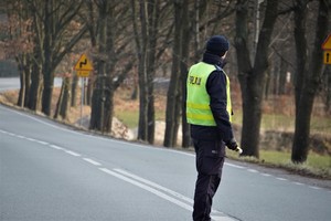 policjant drogówki na drodze podczas kontroli w akcji Trzeźwość